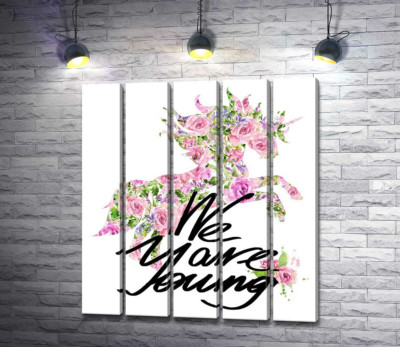 Квітковий силует єдинорога за написом "we are young"