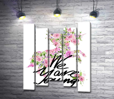 Модульна картина "Квітковий силует єдинорога за написом "we are young""