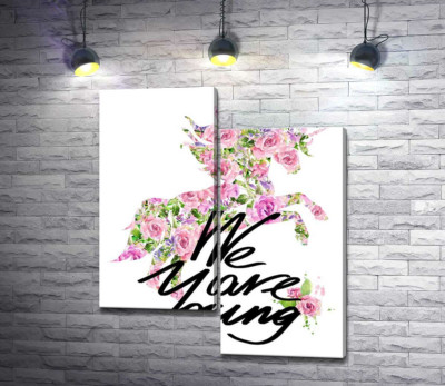 Модульна картина "Квітковий силует єдинорога за написом "we are young""