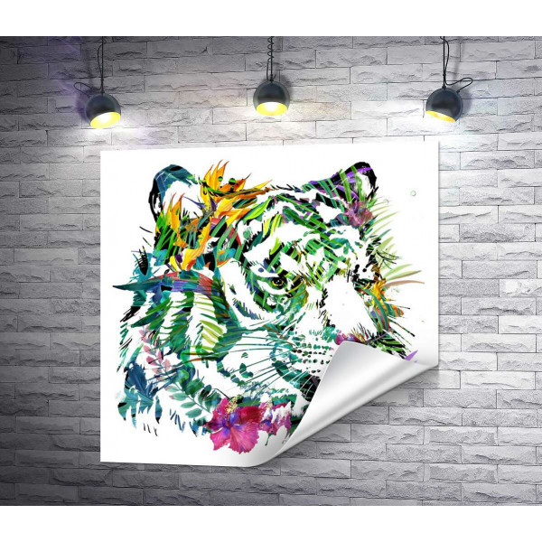 Зелений силует тигра з тропічних квітів