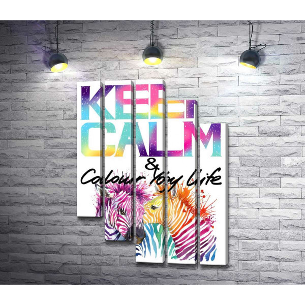 Яркие зебры под надписью "keep calm and colour your life"