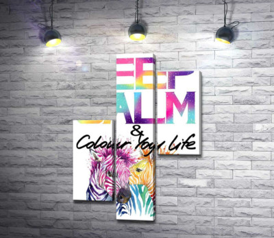 Модульная картина "Яркие зебры под надписью "keep calm and colour your life""