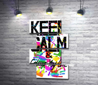 Модульная картина "Надпись "keep calm and colour your life" на фоне отпечатков рук"