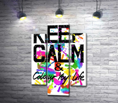 Модульна картина "Напис "keep calm and colour your life" на фоні відбитків рук"