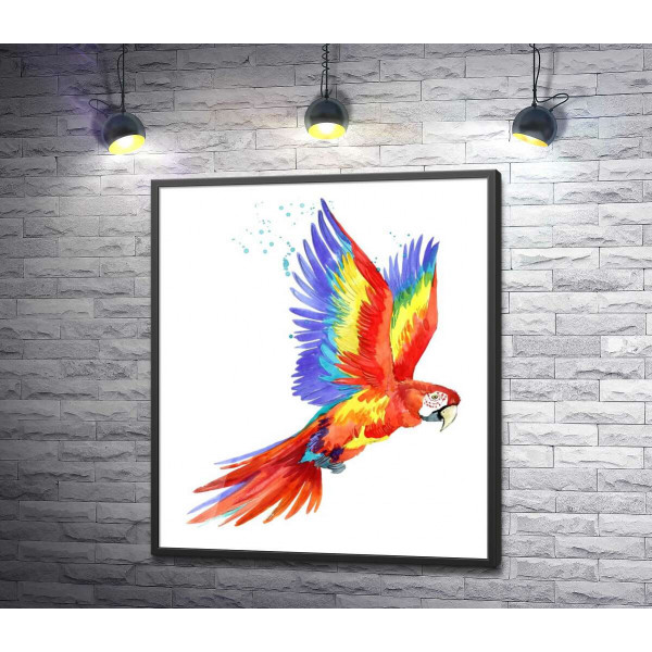 Червоний папуга ара підняв крила в польоті