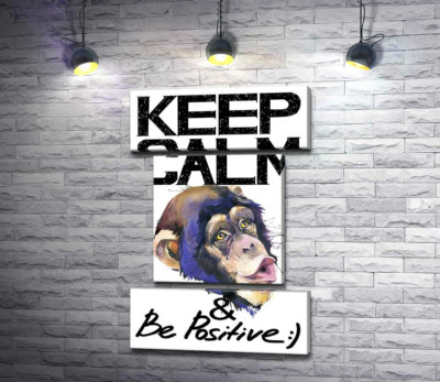 Мордочка обезьяны среди надписи "keep calm and be positive"