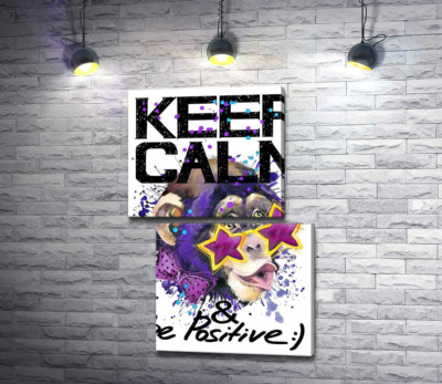 Модульная картина "Обезьяна в звездных очках среди надписи "keep calm and be positive""