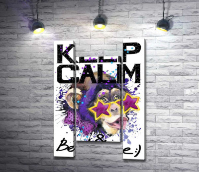 Обезьяна в звездных очках среди надписи "keep calm and be positive"