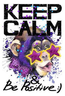 Обезьяна в звездных очках среди надписи "keep calm and be positive"