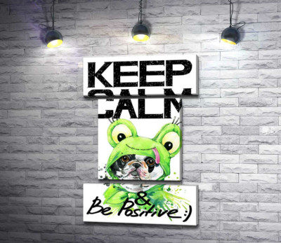 Мопс в зеленому костюмі жаби під написом "keep calm and be positive"