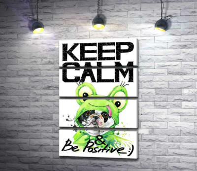 Мопс в зеленому костюмі жаби під написом "keep calm and be positive"