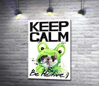 Мопс в зеленому костюмі жаби під написом "keep calm and be positive"
