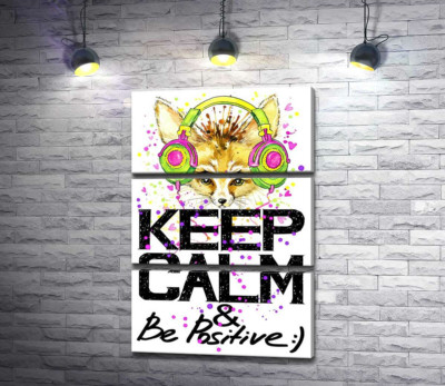Модульная картина "Лиса фенек в ярких наушниках над надписью "keep calm and be positive""