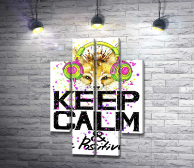 Лисиця фенек в яскравих навушниках над написом "keep calm and be positive"