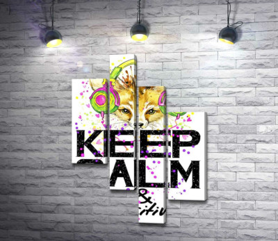 Модульна картина "Лисиця фенек в яскравих навушниках над написом "keep calm and be positive""