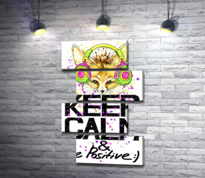 Модульная картина "Лиса фенек в ярких наушниках над надписью "keep calm and be positive""