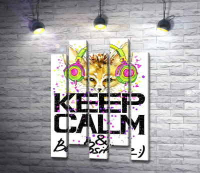 Модульная картина "Лиса фенек в ярких наушниках над надписью "keep calm and be positive""