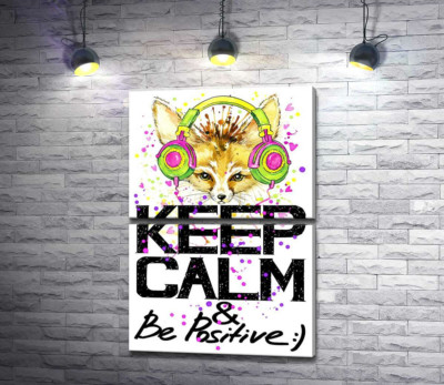 Модульна картина "Лисиця фенек в яскравих навушниках над написом "keep calm and be positive""