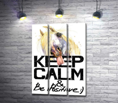 Модульная картина "Белый конь показывает язык над надписью "keep calm and be positive""
