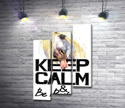 Модульная картина "Белый конь показывает язык над надписью "keep calm and be positive""