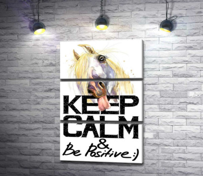 Модульна картина "Білий кінь показує язик над написом "keep calm and be positive""