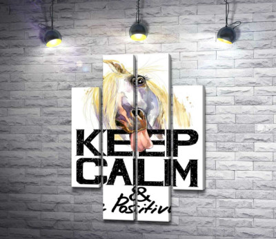 Модульна картина "Білий кінь показує язик над написом "keep calm and be positive""
