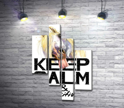 Белый конь показывает язык над надписью "keep calm and be positive"