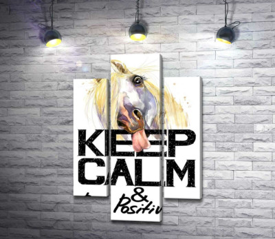 Модульная картина "Белый конь показывает язык над надписью "keep calm and be positive""