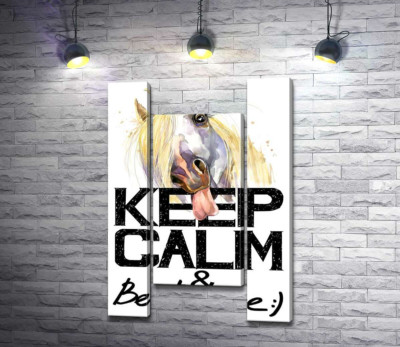 Модульна картина "Білий кінь показує язик над написом "keep calm and be positive""
