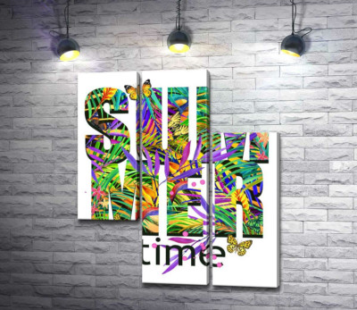 Яркие цвета тропических джунглей в надписи "summertime"