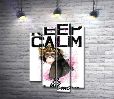 Гламурная обезьяна среди надписи "keep calm and be woman"