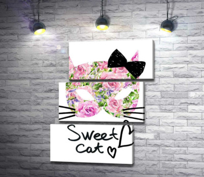 Модульна картина "Трояндова маска котика із написом "sweet cat""