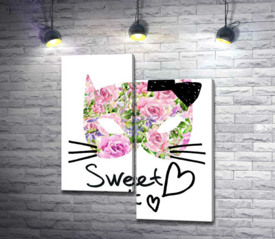 Модульна картина "Трояндова маска котика із написом "sweet cat""
