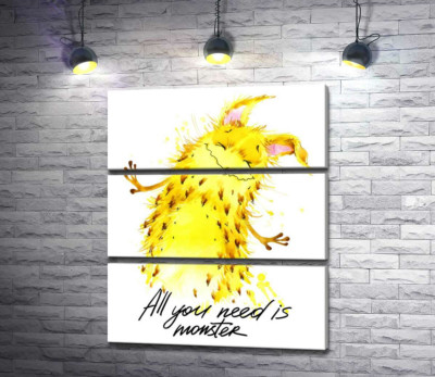 Модульная картина "Веселый желтый монстр с надписью "all you need is monster""