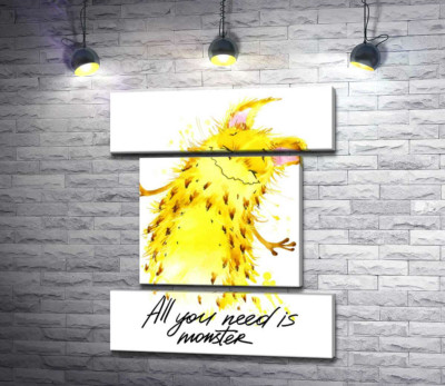 Модульна картина "Веселий жовтий монстр з написом "all you need is monster""