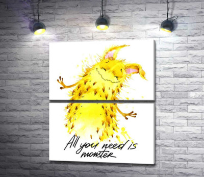 Модульна картина "Веселий жовтий монстр з написом "all you need is monster""