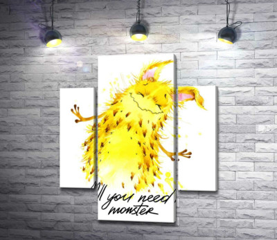 Модульна картина "Веселий жовтий монстр з написом "all you need is monster""