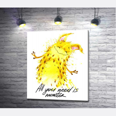 Веселий жовтий монстр з написом "all you need is monster"
