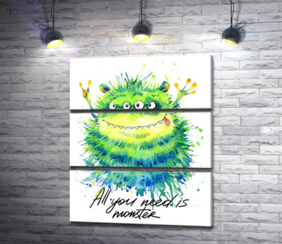 Модульная картина "Зеленый четырехглазый монстр с надписью "all you need is monster""