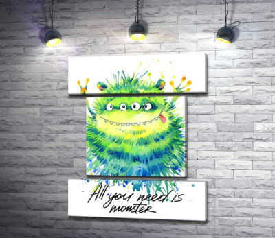 Модульная картина "Зеленый четырехглазый монстр с надписью "all you need is monster""