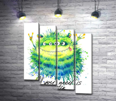 Модульна картина "Зелений чотириокий монстр з написом "all you need is monster""