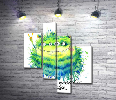 Модульна картина "Зелений чотириокий монстр з написом "all you need is monster""