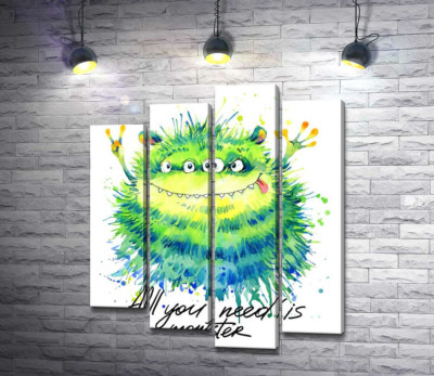 Модульная картина "Зеленый четырехглазый монстр с надписью "all you need is monster""