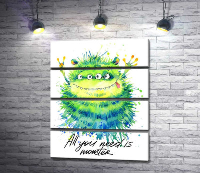 Модульная картина "Зеленый четырехглазый монстр с надписью "all you need is monster""