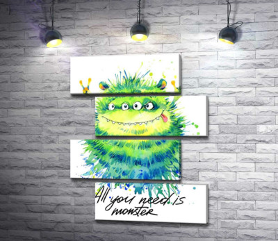 Зелений чотириокий монстр з написом "all you need is monster"