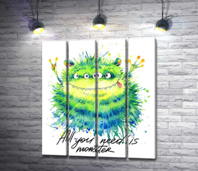 Модульна картина "Зелений чотириокий монстр з написом "all you need is monster""