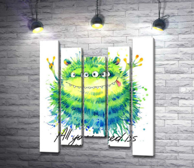 Модульна картина "Зелений чотириокий монстр з написом "all you need is monster""