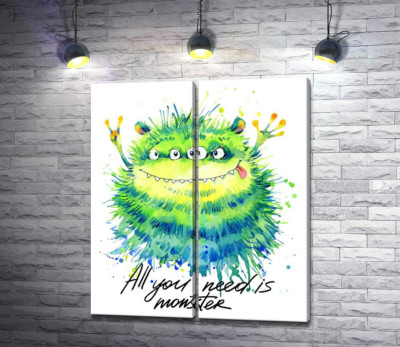 Модульна картина "Зелений чотириокий монстр з написом "all you need is monster""