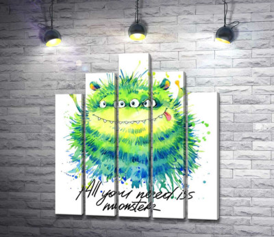 Зелений чотириокий монстр з написом "all you need is monster"