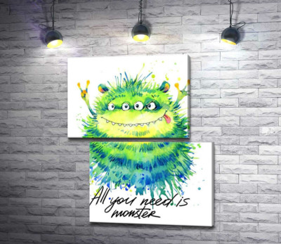 Модульная картина "Зеленый четырехглазый монстр с надписью "all you need is monster""
